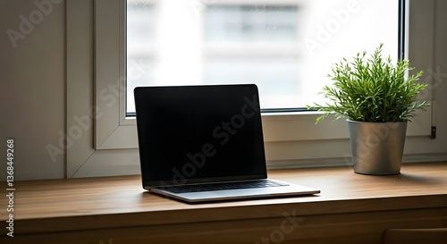 Wallpaper Mural A serene workspace with a wooden desk, laptop, and a small potted plant by the window, AI Generated Torontodigital.ca