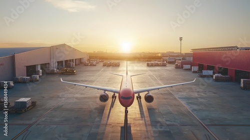 Wallpaper Mural Airplane on Tarmac at Sunset with Cargo Facilities in Background Reflecting Warm Golden Light Torontodigital.ca