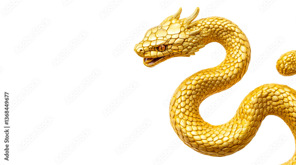 Obraz premium Golden Asian Dragon with Scales, Curled Body, Black Backdrop, cut out transparent