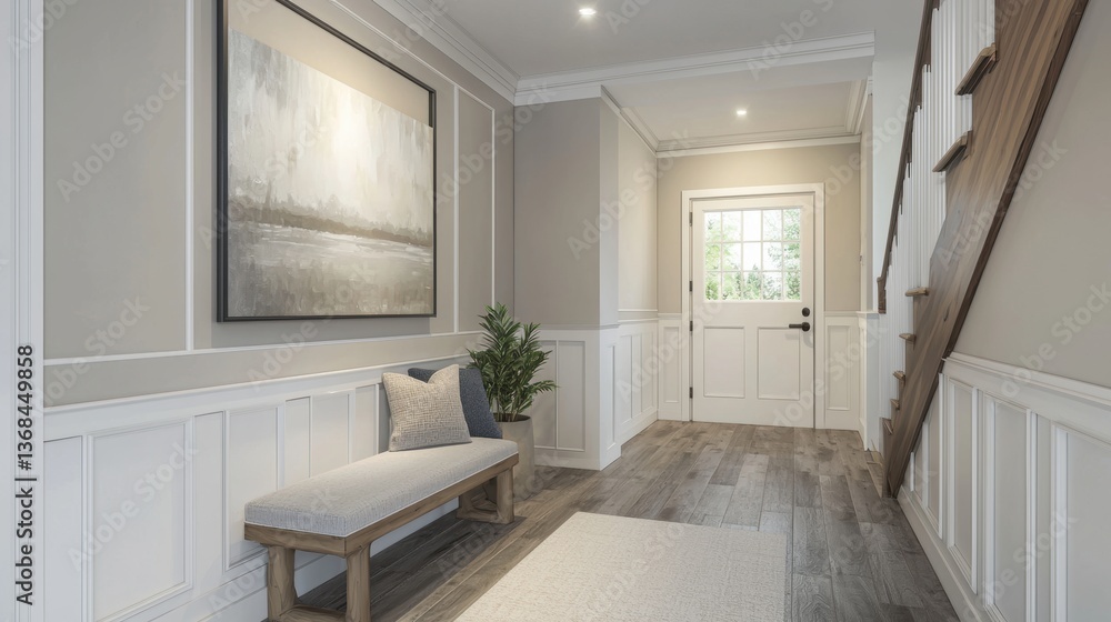Elegant entryway with natural light hardwood flooring featuring wainscoting accent wall painting and stair Elegant entryway with natural light hardwood flooring featuring wainscoting accent wall painting and stair
