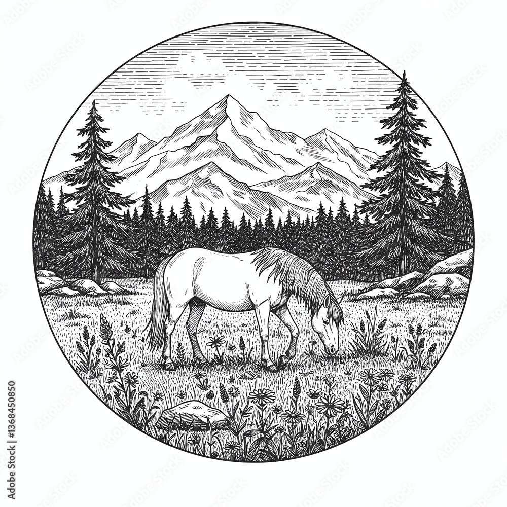 Fototapeta premium Mountain Horse Illustration: A detailed illustration showcases a majestic horse grazing peacefully amidst a beautiful mountain landscape. The artwork style evokes a sense of nature and tranquility.
