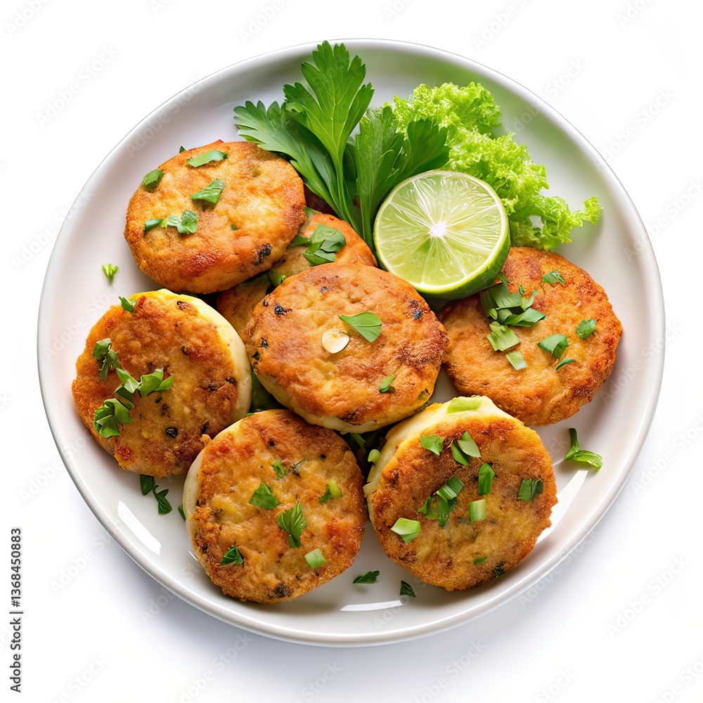 Thai fish cakes in a plate on white background Thai fish cakes in a plate on white background