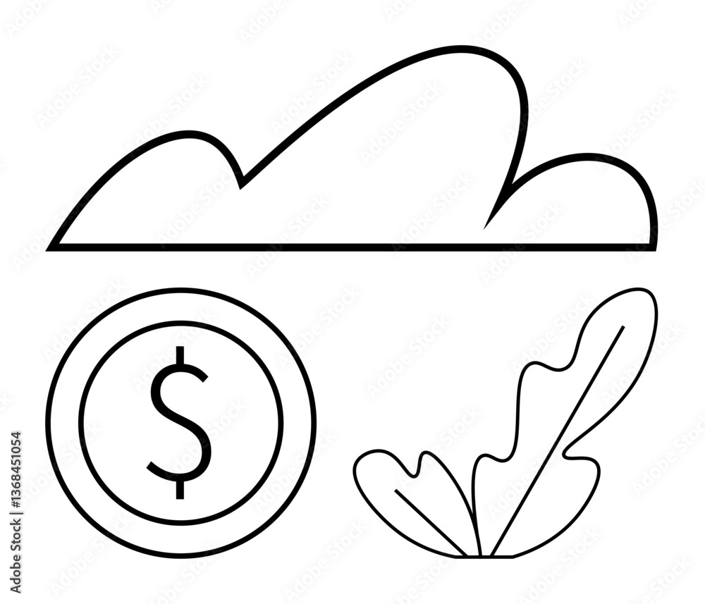 Cloud, dollar coin, and leaf in simple line art. Ideal for sustainability, eco-economy, green investment, cloud technology, renewable energy ecology financial growth themes. Flat simple metaphor Cloud, dollar coin, and leaf in simple line art. Ideal for sustainability, eco-economy, green investment, cloud technology, renewable energy ecology financial growth themes. Flat simple metaphor