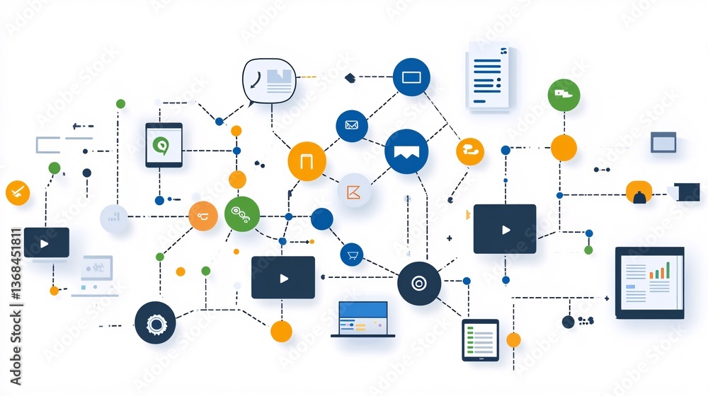 Creative Process Flow Visualizing Customer Journey with Dynamic Elements and Interconnected Icons Creative Process Flow Visualizing Customer Journey with Dynamic Elements and Interconnected Icons