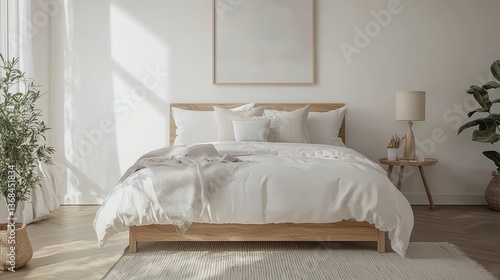 Wallpaper Mural Minimalist Bedroom Decor with Wooden Bed Frame and Lamp Plants and Natural Light Calm and Serene Interior Torontodigital.ca