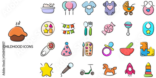Childhood simple concept 24 hand drawn color icons set. Contains such child, toy, childhood, preschool, playing .Vector illustration.