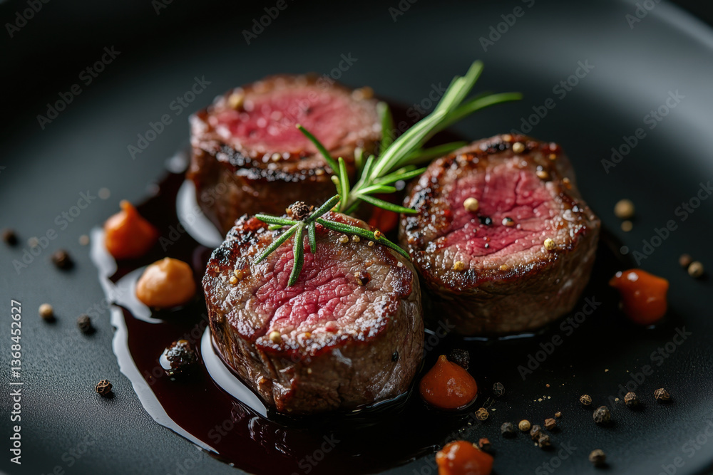 Plate of meat with sauce and vegetables, garnished with fresh herbs and positioned on a rustic wooden table. Plate of meat with sauce and vegetables, garnished with fresh herbs and positioned on a rustic wooden table.