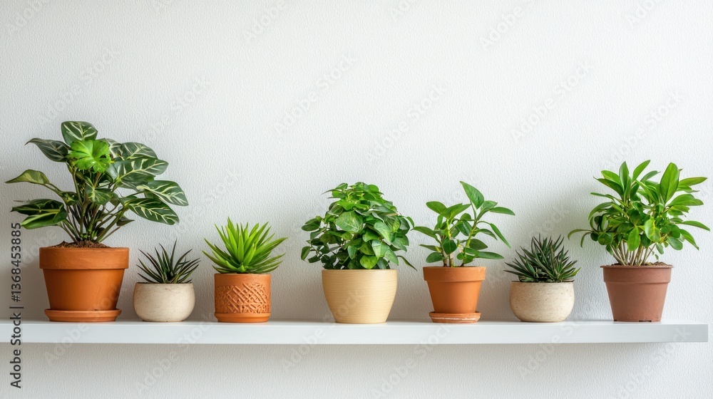 Fototapeta premium A Row of Potted Green Plants Decorating a White Shelf Against a White Wall Serene Interior Natural Light Studio Shot