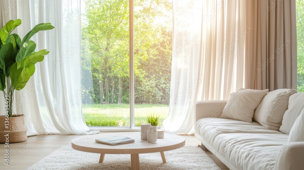 Fototapeta premium Bright Living Room Scene with Natural Light Flowing Through Sheer Curtains and Cozy Couch in a House