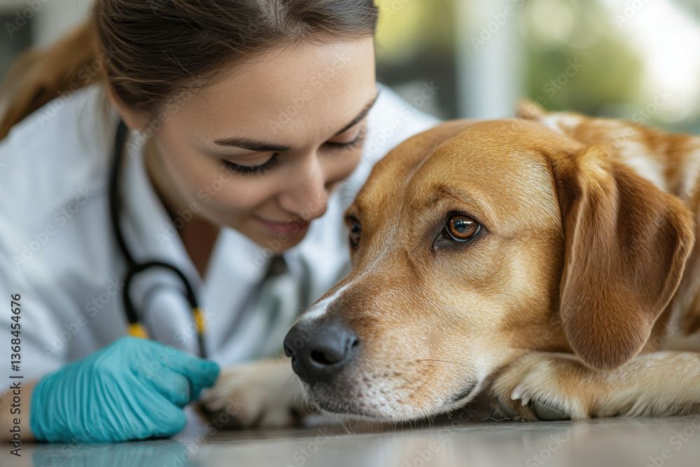 Vet examining a dog on a examination table in clinic. Vet examining a dog on a examination table in clinic.