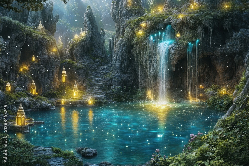 Fototapeta premium Enchanted waterfall in a mystical forest with glowing lights and serene waters