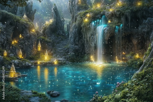 Wallpaper Mural Enchanted waterfall in a mystical forest with glowing lights and serene waters Torontodigital.ca