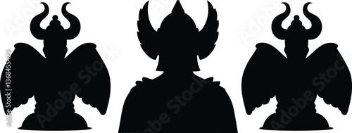 silhouette, horned figure, dark fantasy, villain, symmetrical design, minimalist art, black and white, iconic shapes, mythological creatures, shadow puppets, graphic design, stylized characters