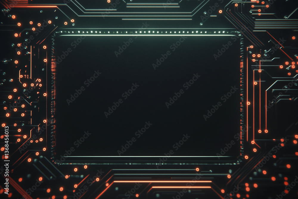 Digital Core: A futuristic circuit board design, highlighted with orange accents, encapsulates a central black space suggesting a digital core or display, ideal for high-tech concepts. Digital Core: A futuristic circuit board design, highlighted with orange accents, encapsulates a central black space suggesting a digital core or display, ideal for high-tech concepts.