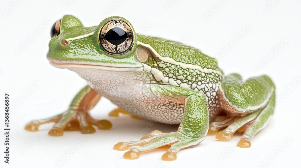 Fototapeta premium Close-up of a vibrant green tree frog with striking details against a white background.
