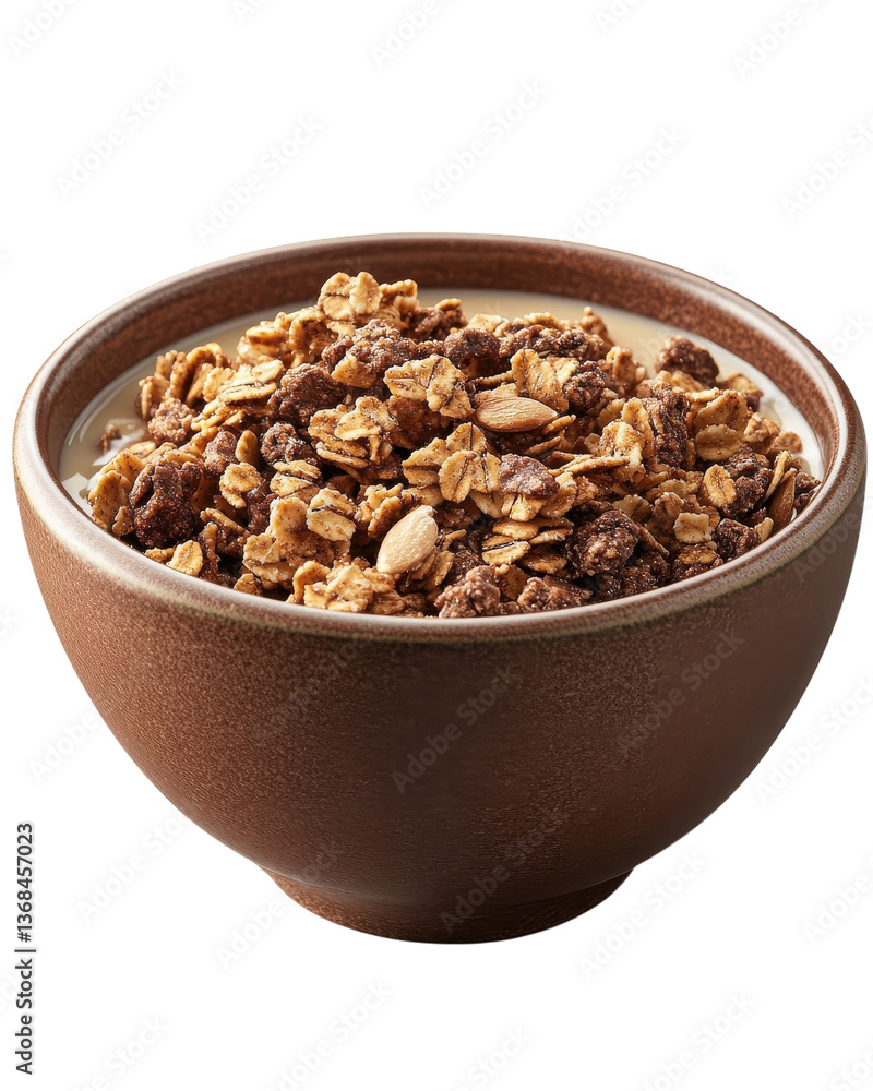 A tempting bowl of crunchy granola with chocolatey clusters, ready for a delicious and energizing breakfast in a rich brown earthenware bowl. A tempting bowl of crunchy granola with chocolatey clusters, ready for a delicious and energizing breakfast in a rich brown earthenware bowl.