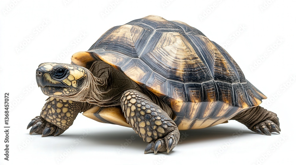 Obraz premium Close-up of a tortoise with a beautifully patterned shell on a plain white background.