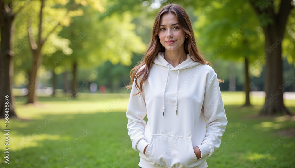 Young woman smiling in a white fleece hoodie against a green park Young woman smiling in a white fleece hoodie against a green park