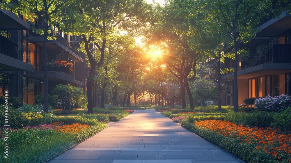 Obraz premium Serene Sunrise Pathway: Modern Architecture & Lush Greenery