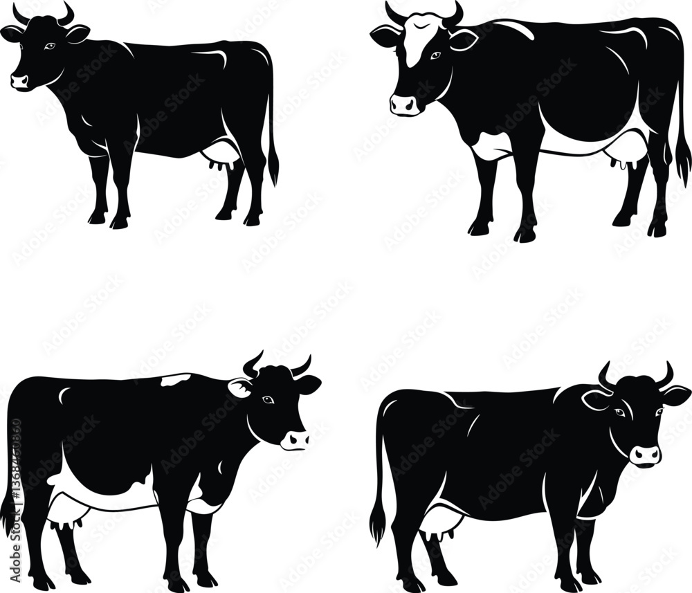 Fototapeta premium Cows Silhouettes In Different Poses Cow Grazing On Meadow, Cow Logo