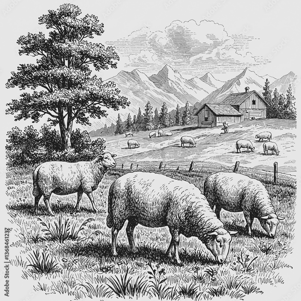 Fototapeta premium Pastoral Scene: Sheeps in field, classic landscape in an old engraving, sheep peacefully graze in a idyllic countryside, with gentle hills forming the backdrop.