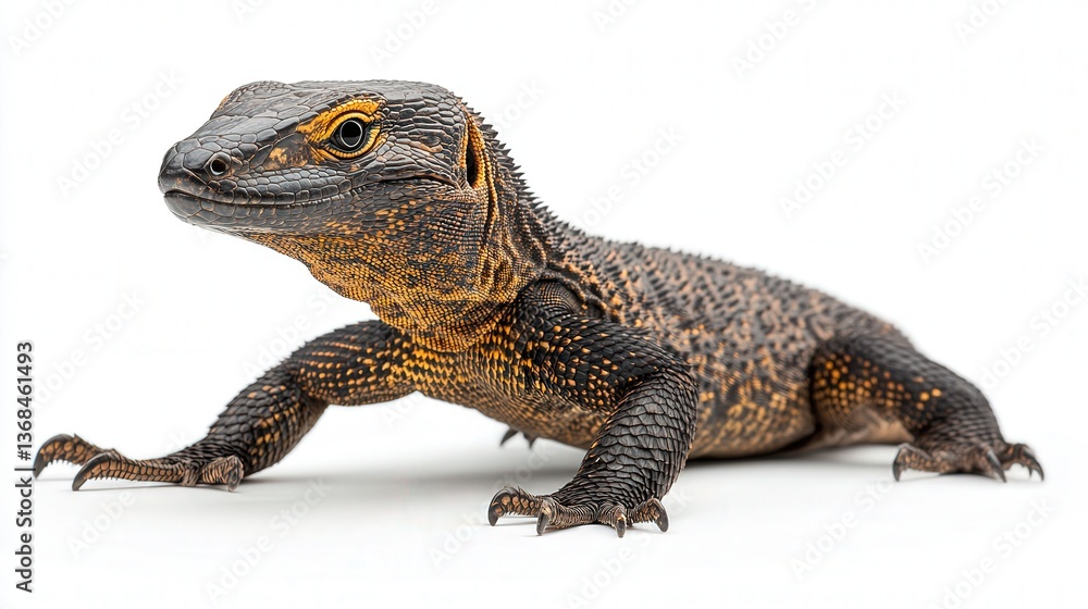 Obraz premium Close-up of a black and orange lizard against a plain white background.