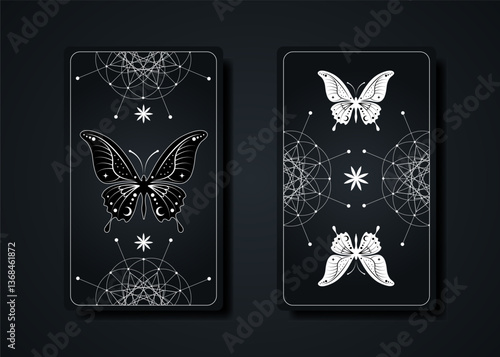 Set tarot cards, esoteric butterfly occult sacred geometry sign, boho spiritual symbols, Flower of Life. Magic Seed of life sacred mandala. Vector collection isolated on black background