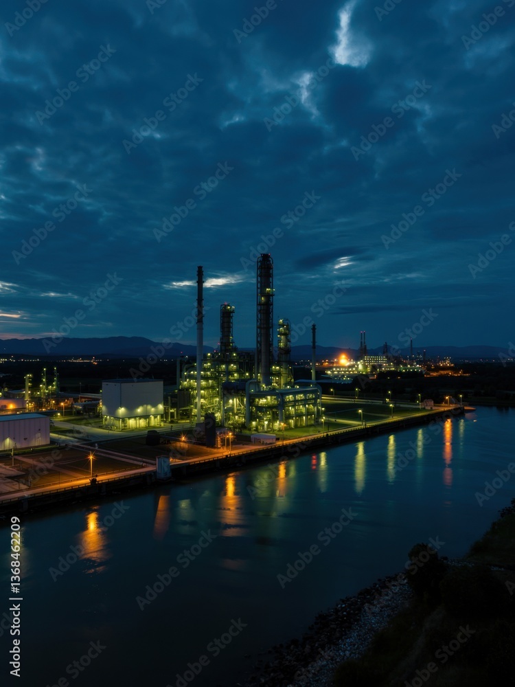 Naklejka premium Industrial complex illuminated at dusk by the waterway reflecting vibrant lights and clouds