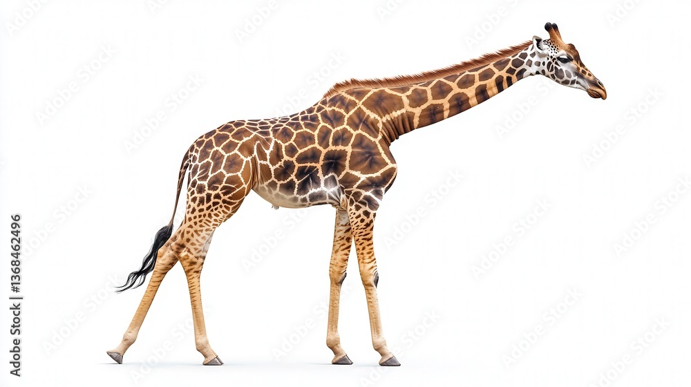 Naklejka premium Graceful giraffe walking against a white background.