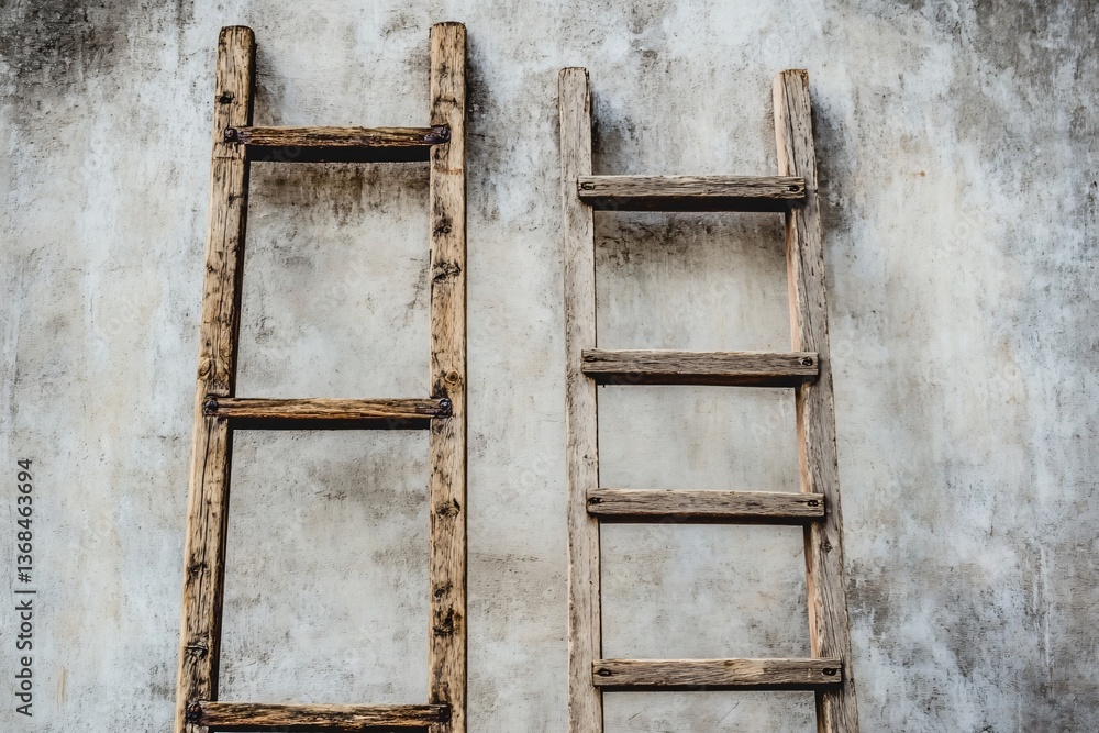 Twin Rustic Wooden Ladders Hanging Against an Aged Wall Twin Rustic Wooden Ladders Hanging Against an Aged Wall