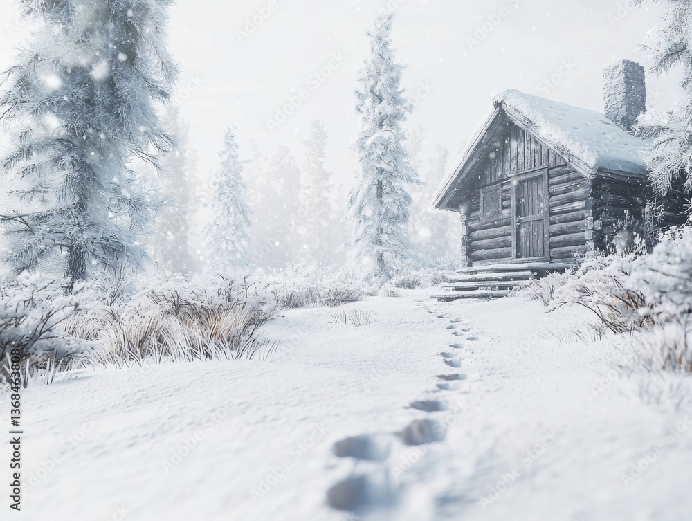Naklejka premium Whispers of the Weather: A Captivating Snowy Scene Featuring a Serene Cabin in a Winter Wonderland
