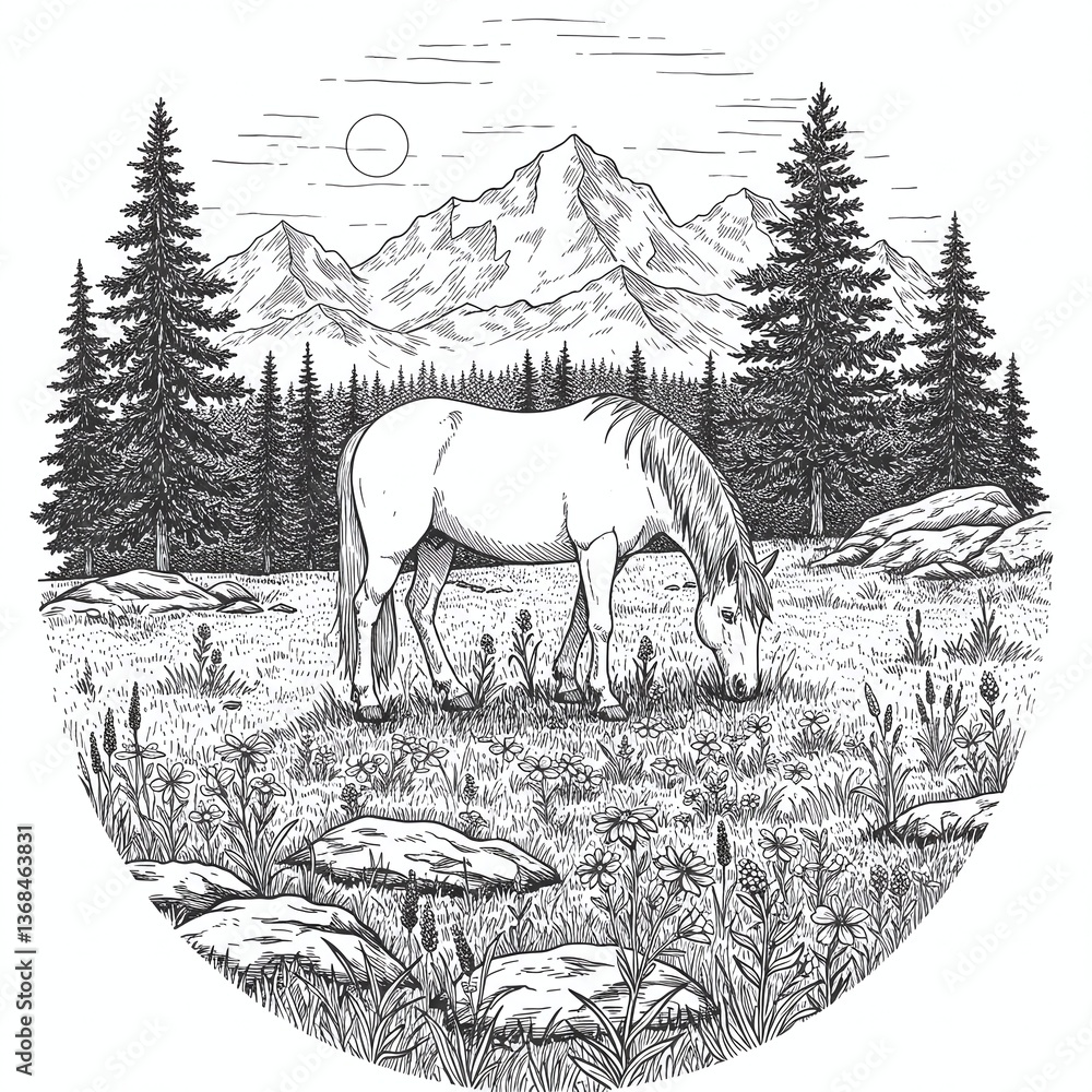 Fototapeta premium Wild Horse in Landscape: A monochrome artistic rendering showcases a wild horse peacefully grazing in a serene, mountainous landscape, evoking a sense of freedom and natural beauty.