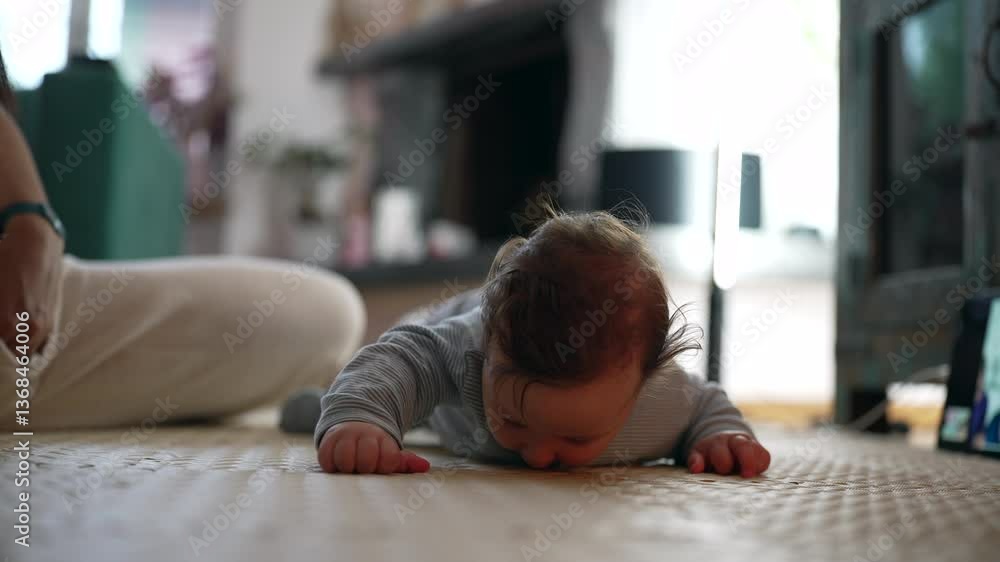 Baby lying on mat indoors, feeling surface with hands and face, sensory exploration, early childhood curiosity, discovering textures, developing motor skills, home setting Baby lying on mat indoors, feeling surface with hands and face, sensory exploration, early childhood curiosity, discovering textures, developing motor skills, home setting