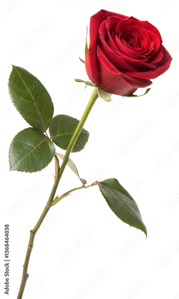red rose isolated on white, Close-up of a vibrant red rose with green leaves. red rose isolated on white, Close-up of a vibrant red rose with green leaves.