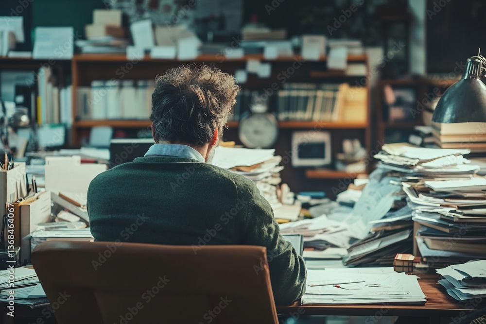 Rear View of a Man Sitting at a Desk Piled High with Documents and Books in a Dimly Lit Rear View of a Man Sitting at a Desk Piled High with Documents and Books in a Dimly Lit
