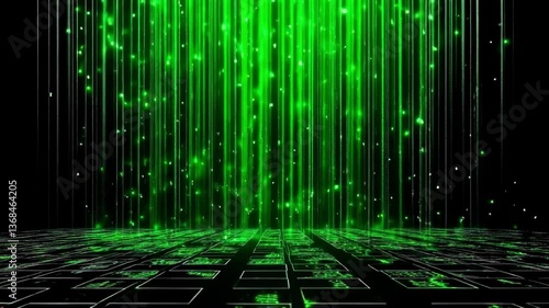 Futuristic Digital Matrix Background with Green Data Streams. Glowing green lines and particles falling on a dark grid floor, creating a high-tech digital environment.