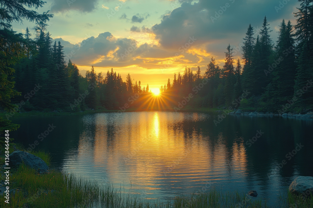 Fototapeta premium Sunset over lake in woods: vibrant hues reflect on calm waters, silhouettes of trees against the golden sky, serene and peaceful nature scene.
