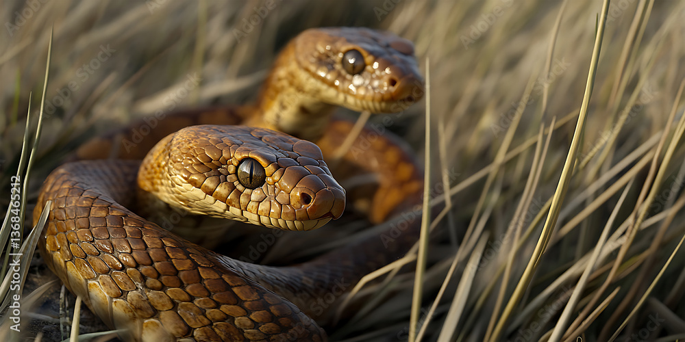 Obraz premium Pair of Snakes Slithering Through the Tall Grass Background for Reptilian Wildlife, Stealthy Creatures, or Jungle Predators