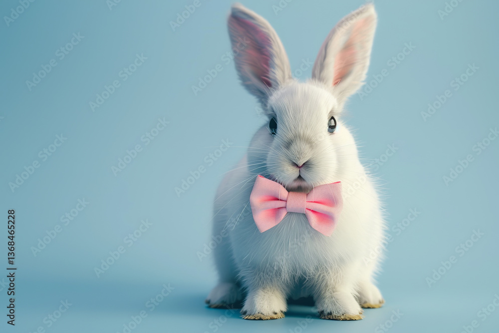Obraz premium White bunny wearing pink bow tie sitting on light blue background