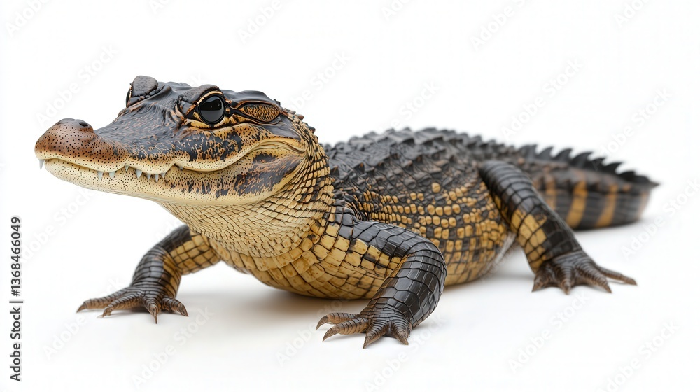 Close-up of a juvenile alligator on a white background showcasing detailed textures and patterns. Close-up of a juvenile alligator on a white background showcasing detailed textures and patterns.
