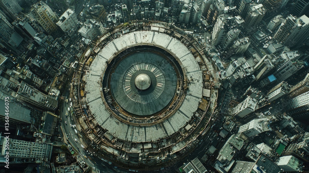 Aerial View of Urban Cityscape with Circular Construction Site Surrounded by Skyscrapers and Busy Streets Aerial View of Urban Cityscape with Circular Construction Site Surrounded by Skyscrapers and Busy Streets