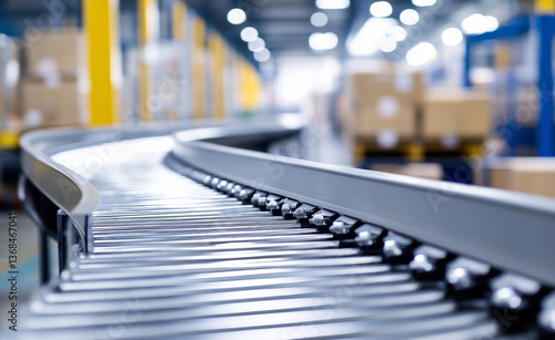 Wallpaper Mural Close-up of a curved conveyor belt in a modern warehouse, with stacks of cardboard boxes in the blurred background.
 Torontodigital.ca