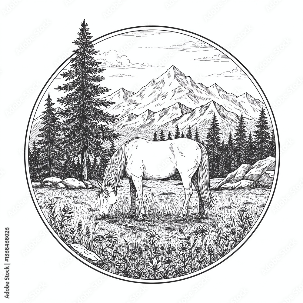 Fototapeta premium Serene Scene: Horse in the Mountainous Landscape, a charming line art illustration of a horse peacefully grazing in a tranquil mountainous backdrop with the towering trees.