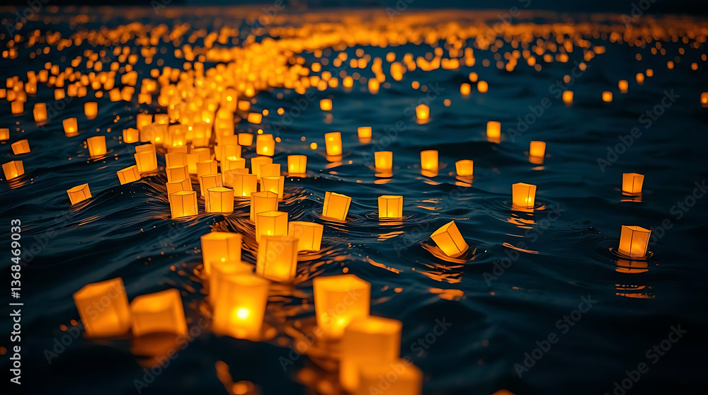 Fototapeta premium A tranquil twilight ocean filled with glowing lanterns drifting on gentle waves. The warm golden lights contrast beautifully with the deep blue water, Created with generative AI.