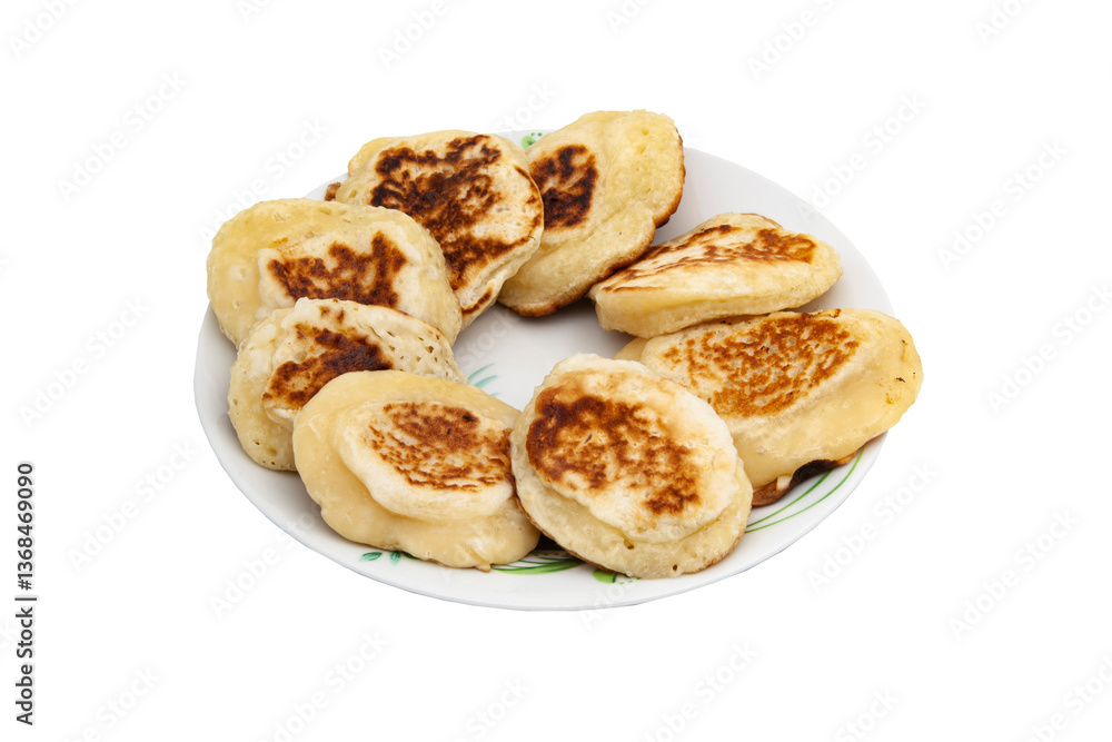 Homemade fried pancakes on a white plate, no background. Perfect for breakfast menus, food blogs or cooking projects. Homemade fried pancakes on a white plate, no background. Perfect for breakfast menus, food blogs or cooking projects.