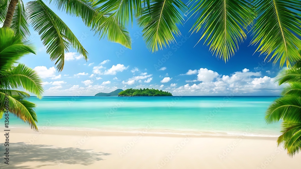 Obraz premium Tropical paradise beach with palm trees meets blue ocean