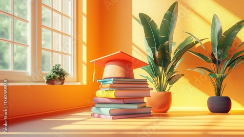 Wallpaper Mural Bright and Cheerful Study Space with Graduation Cap and Books Torontodigital.ca