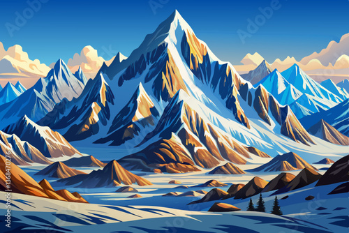 snowy mountain peaks illustration cartoon, winter landscape