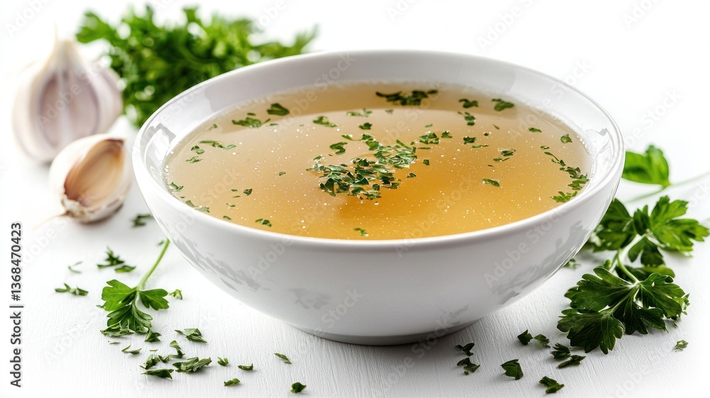 Hearty, aromatic broth in a bowl, garnished with fresh herbs Hearty, aromatic broth in a bowl, garnished with fresh herbs
