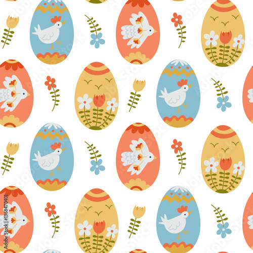 Seamless hand-drawn vector pattern with decorative Easter eggs adorned with floral elements, birds, and folk-inspired designs. Ideal for festive textiles, gift wrapping, and holiday-themed projects